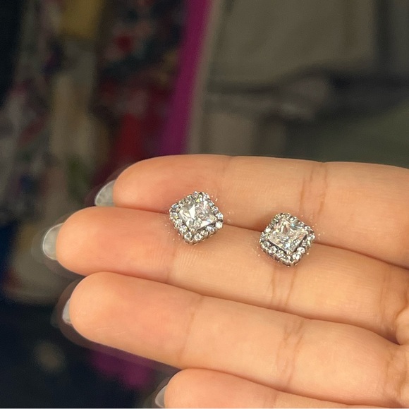 Princess Cut CZ Diamond Square Halo Studs Dainty Small Earrings Jewelry Accessor - Picture 13 of 16